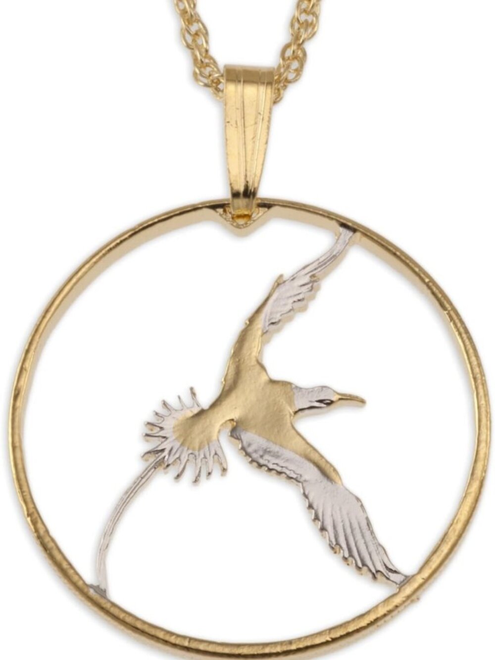 Bermuda Long Tail Bird Pendant Necklace | Unique Hand-Cut Coin Jewelry